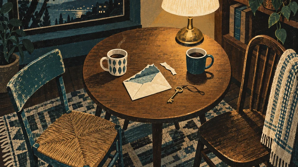 Two mismatched chairs at a small round table with two mugs, an opened envelope and a single key on a string, in evening lamp light