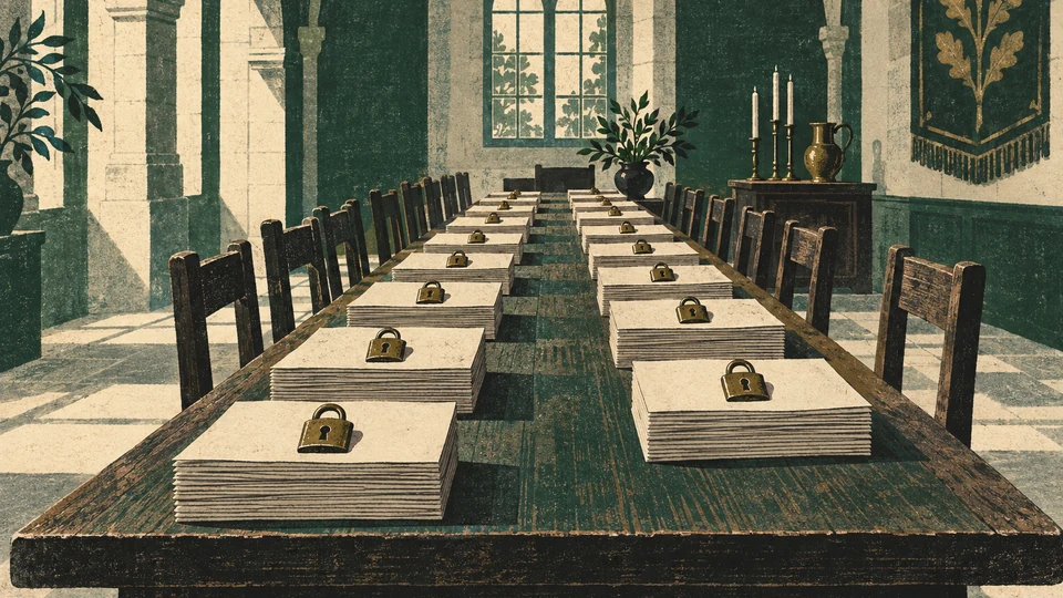 A long church-hall table set with many identical stacks of printed sheets, each with its own padlock, rows of chairs behind it