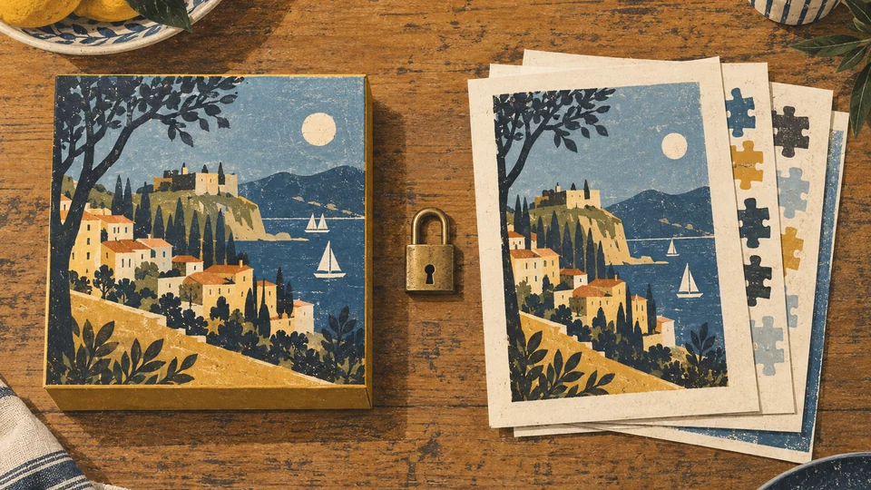 A closed cardboard puzzle box and a stack of printed sheets side by side on a kitchen table, a small brass padlock between them