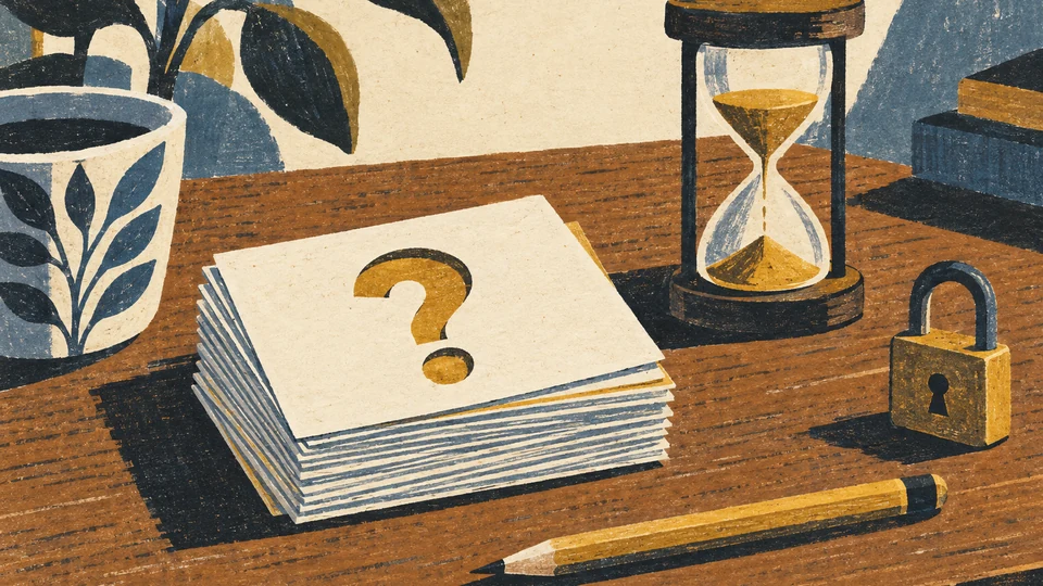 A stack of index cards with a question-mark cut-out on the top card, a pencil, an hourglass and a small padlock on a wooden table