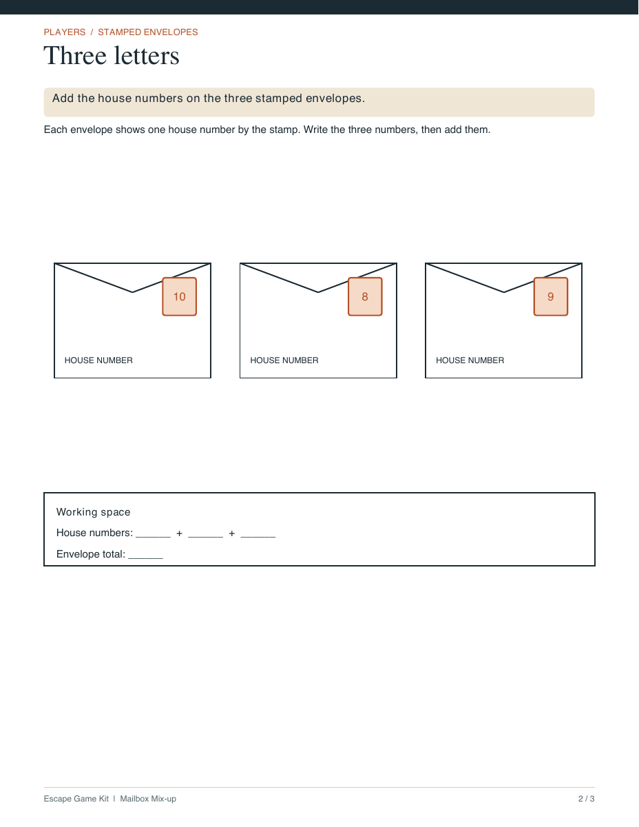 Actual sample PDF page with three stamped envelopes and a blank working area