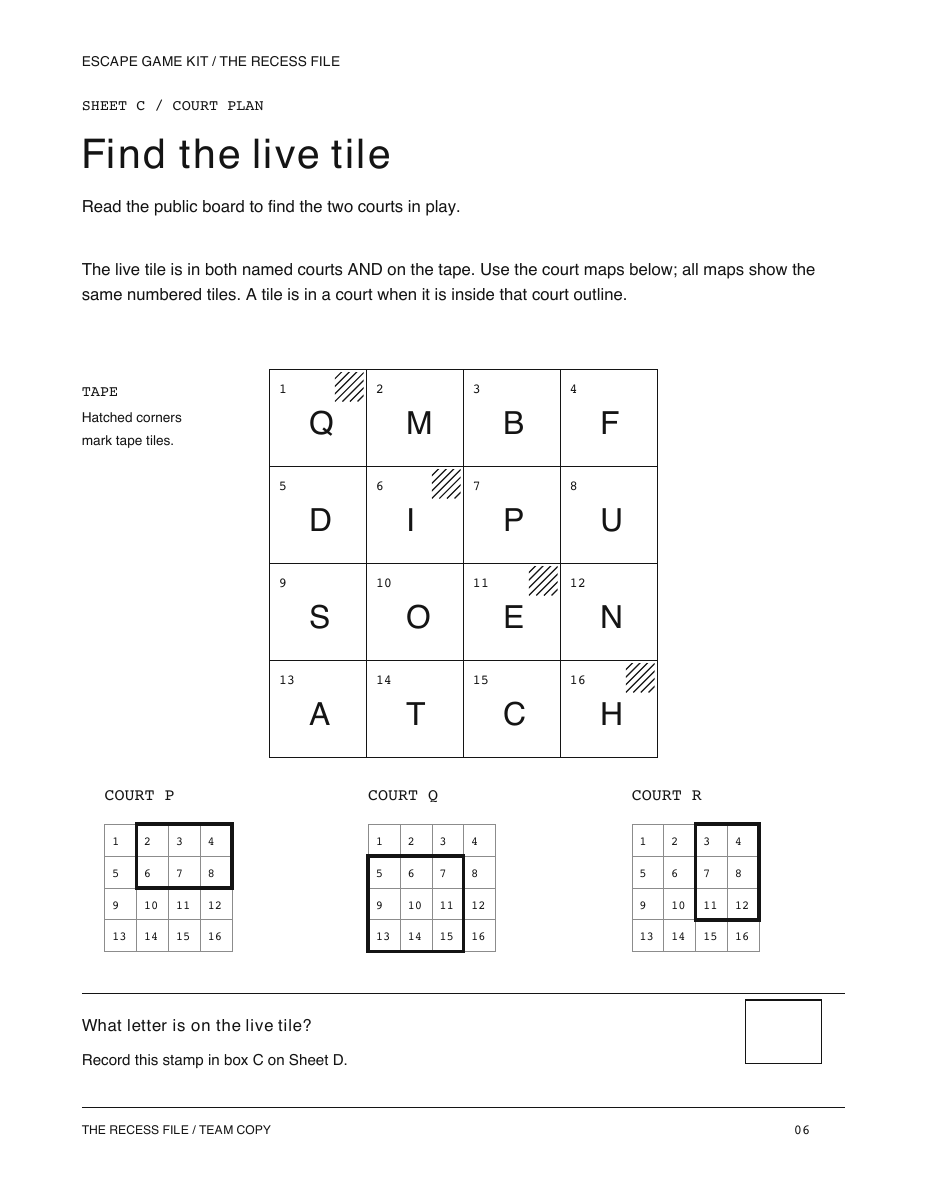 Region geometry player sheet with numbered tiles and court outlines