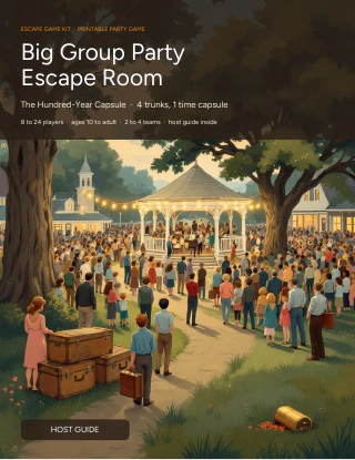 Cover page of The Hundred-Year Capsule, a printable escape room for large groups, showing a crowd on a town green with old trunks