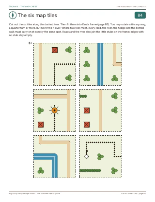 Player page "The six map tiles" from The Hundred-Year Capsule: six square map tiles to cut out and fit together