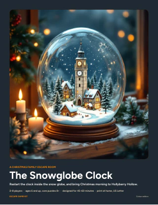 Cover page of The Snowglobe Clock, a printable Christmas family escape room, showing a snow globe with a clock tower village inside