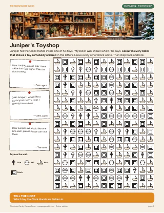 Player page "Juniper's Toyshop" from The Snowglobe Clock: toy letters and a wall of blocks to colour