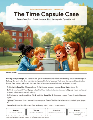 Page 1 of The Time Capsule Case team pages, a printable classroom escape room for grades 3 to 5, with the mission and four team roles