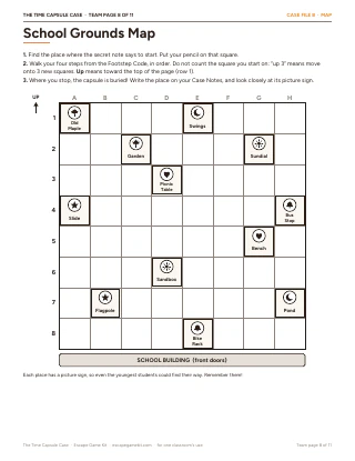 Team page 8 "School Grounds Map" from The Time Capsule Case: a grid map of a school with picture landmarks