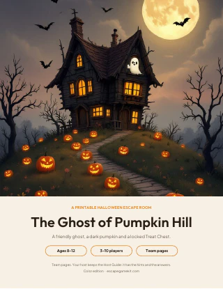 Cover page of The Ghost of Pumpkin Hill, a printable Halloween escape room for kids, showing a crooked house on a hill with glowing pumpkins