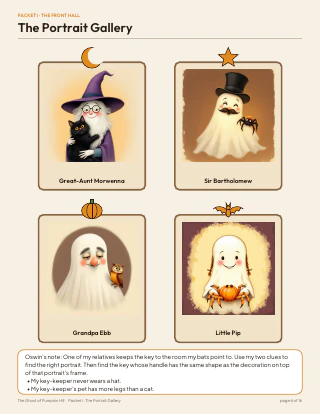 Player page "The Portrait Gallery" from The Ghost of Pumpkin Hill: four friendly ghost portraits in frames
