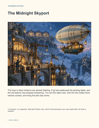 Cover page of The Midnight Skyport, a printable escape room for kids aged 10 to 12, showing an airship over a night-time harbor town