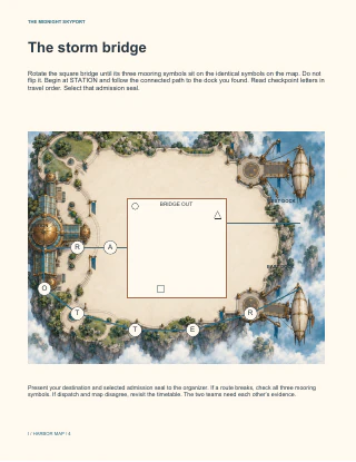 Player page "The storm bridge" from The Midnight Skyport: an illustrated harbor map with a square bridge to rotate