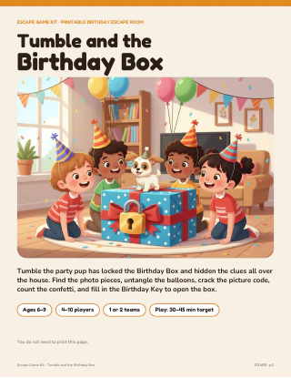 Cover page of Tumble and the Birthday Box, a printable birthday escape room for ages 6 to 9, showing children and a puppy around a locked gift box