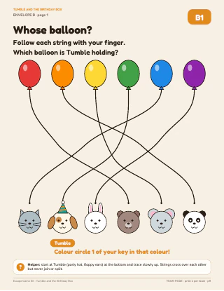 Player page B1 "Whose balloon?" from Tumble and the Birthday Box: tangled balloon strings leading to animal faces