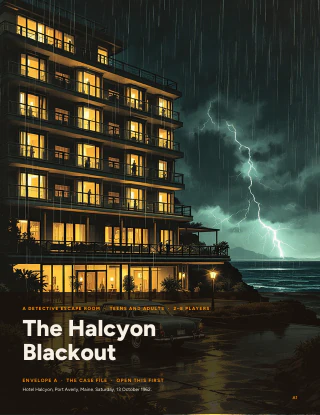 Cover page of Envelope A of The Halcyon Blackout, a printable detective escape room for teens and adults, showing a lit hotel in a storm