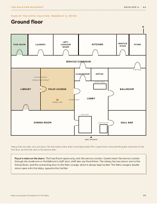 Page A4 "Ground floor" from The Halcyon Blackout: the floor plan of the Hotel Halcyon