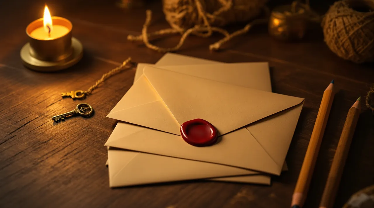 Kraft envelopes, one closed with a red wax seal, with two brass keys, pencils and a candle on a dark wooden table