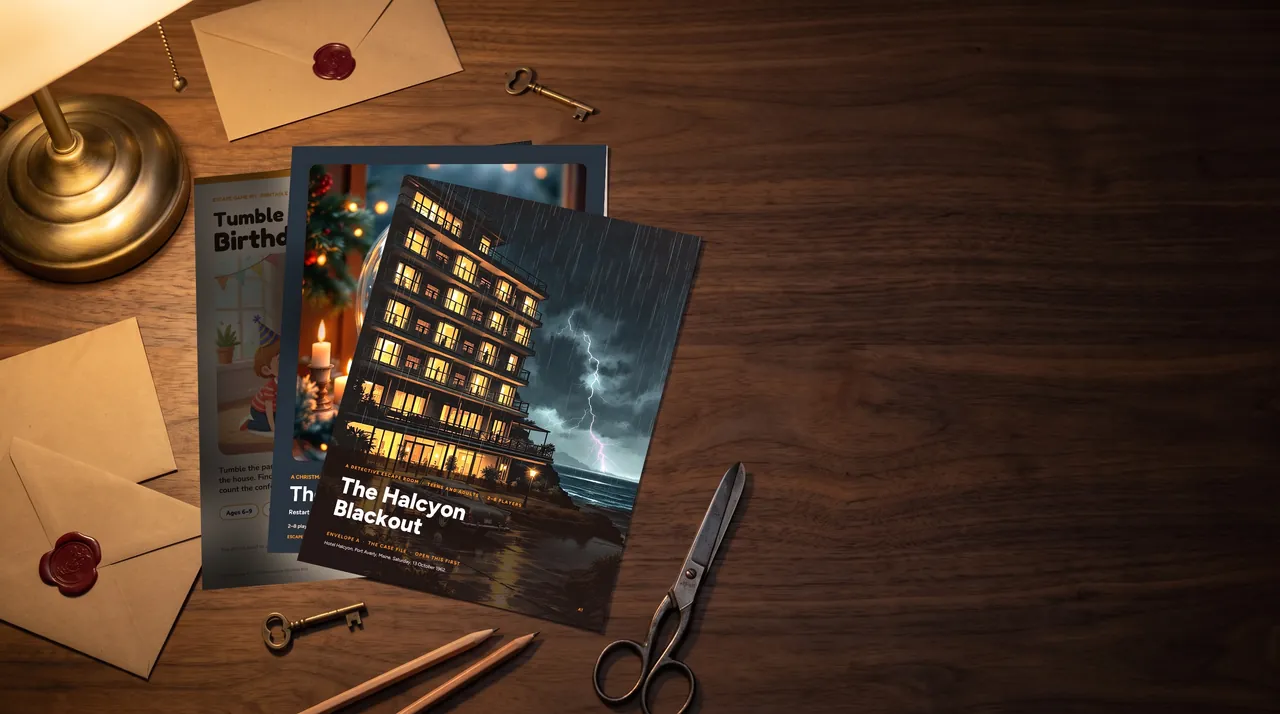 Printed game covers of Tumble and the Birthday Box, The Snowglobe Clock and The Halcyon Blackout on a wooden table in lamplight, with kraft envelopes, a wax seal, keys and scissors